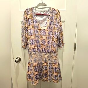 Belle + Sky Size M Boho Floral Dress Crochet Lace Detail 3/4 Sleeve Ruffle Hem